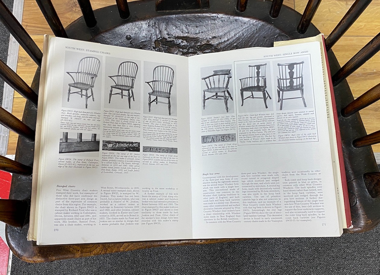 A mid 18th century West Country ash and elm Windsor armchair, (cut down), width 61cm, depth 41cm, height 99cm. (See figure SW31 page 271 Bernard Cotton The English Regional Chair).